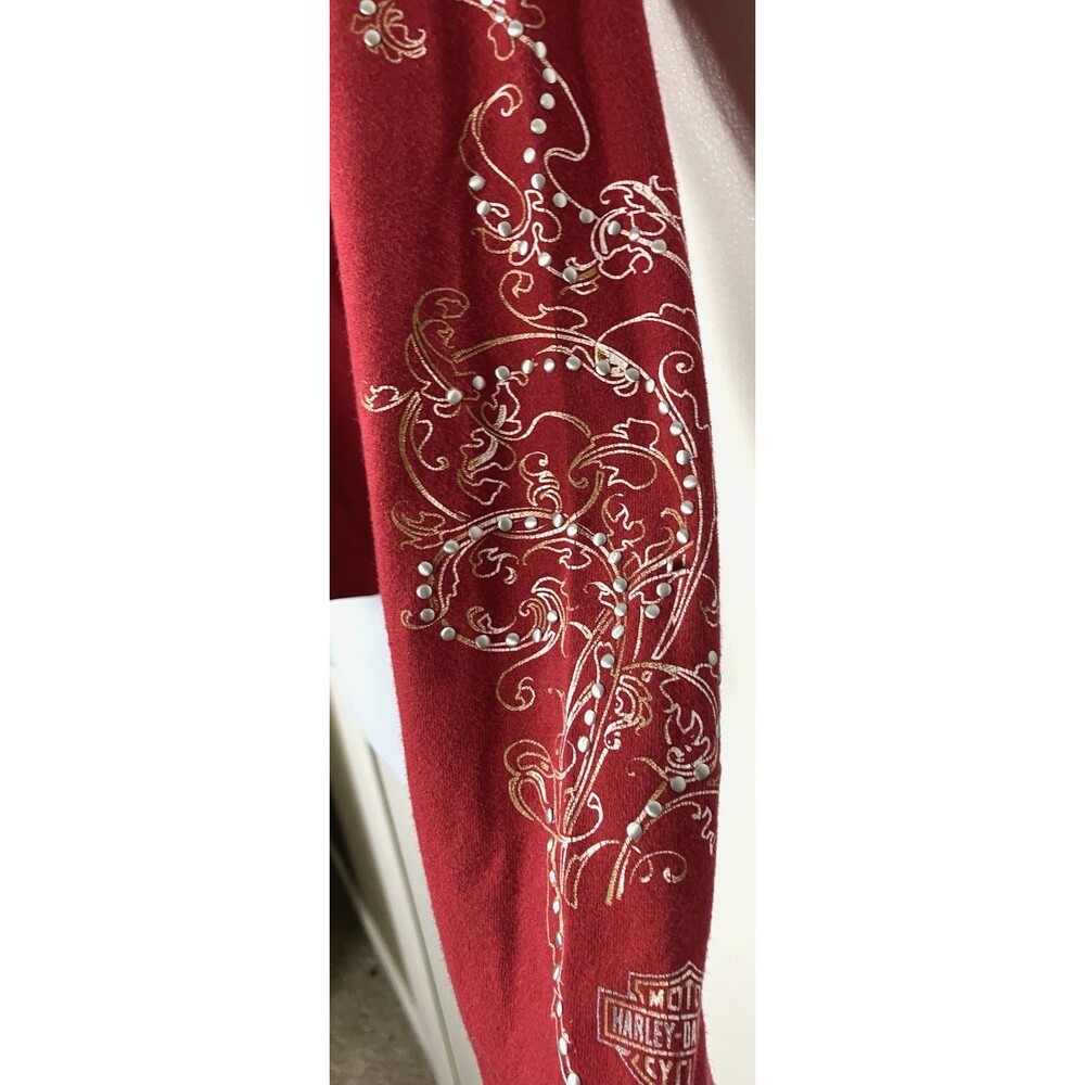 Harley Davidson Red & Gold Long Sleeve Silver Studs Embellishment Top Small - Picture 2 of 6